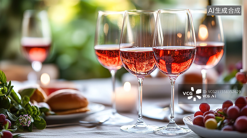 【AI数字艺术】夏日玫瑰葡萄酒餐桌图片素材