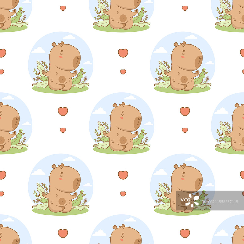 可爱的水豚在大自然中冥想的无缝图案图片素材