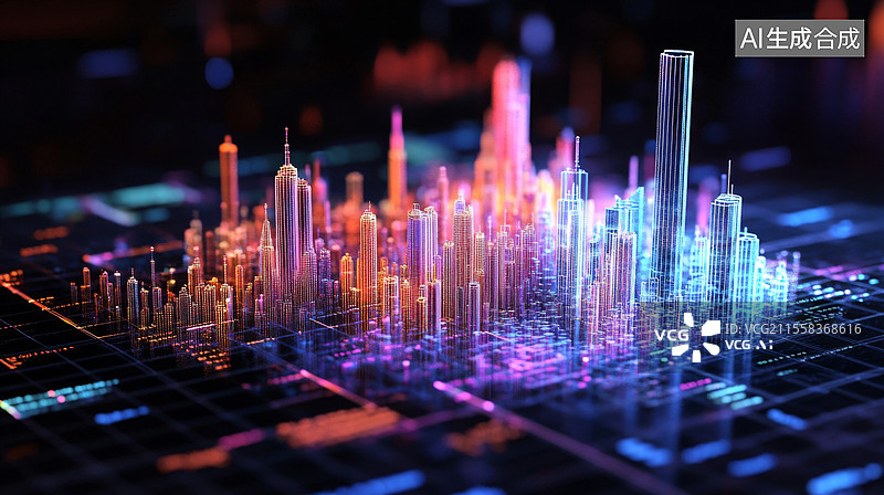 【AI数字艺术】商务科技数据柱状图表全息城市天际线图片素材