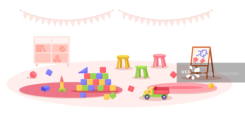 儿童游戏室，里面有玩具、凳子和画板图片素材