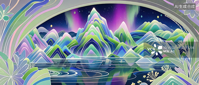【AI数字艺术】千里江山图极光幻境：水晶山体、极光折射、荧光棱镜图片素材