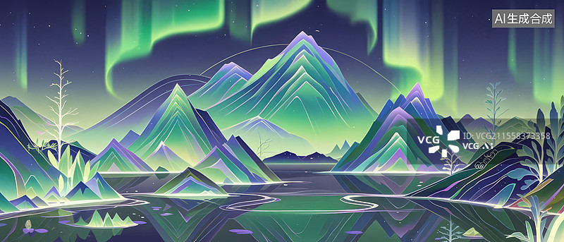 【AI数字艺术】千里江山图极光幻境：水晶山体、极光折射、荧光棱镜图片素材