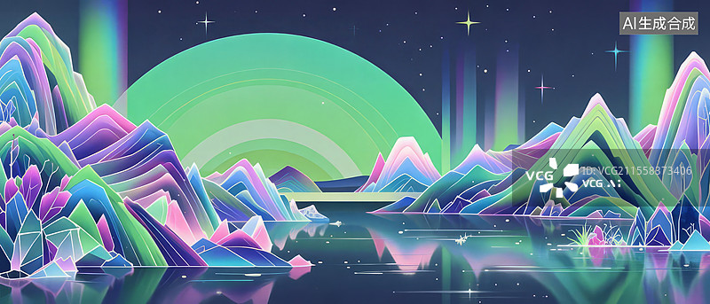 【AI数字艺术】千里江山图极光幻境：水晶山体、极光折射、荧光棱镜图片素材