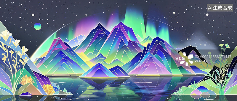【AI数字艺术】千里江山图极光幻境：水晶山体、极光折射、荧光棱镜图片素材