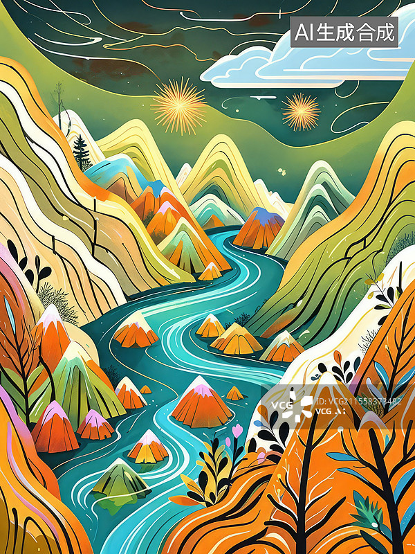 【AI数字艺术】富春山居图能量场域重构——矿石裂缝液态金属漩涡电光粒子图片素材