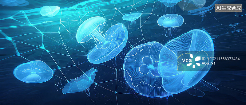 【AI数字艺术】深渊荧光网超现实3D场景——管水母栉水母冷光生物发光8K科幻图片素材