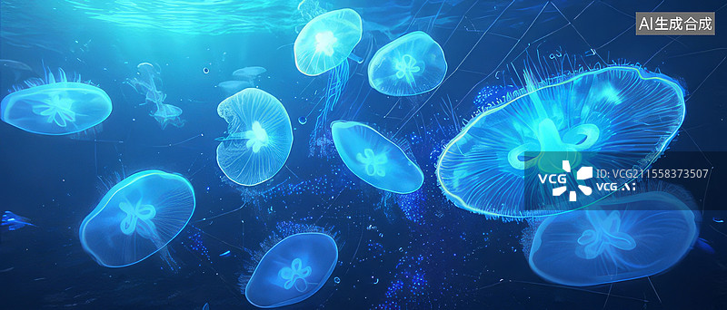 【AI数字艺术】深渊荧光网超现实3D场景——管水母栉水母冷光生物发光8K科幻图片素材