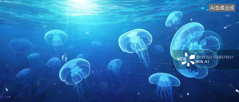 【AI数字艺术】深渊荧光网超现实3D场景——管水母栉水母冷光生物发光8K科幻图片素材