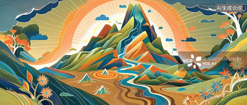 【AI数字艺术】富春山居图能量场域重构——矿石裂缝液态金属漩涡电光粒子图片素材