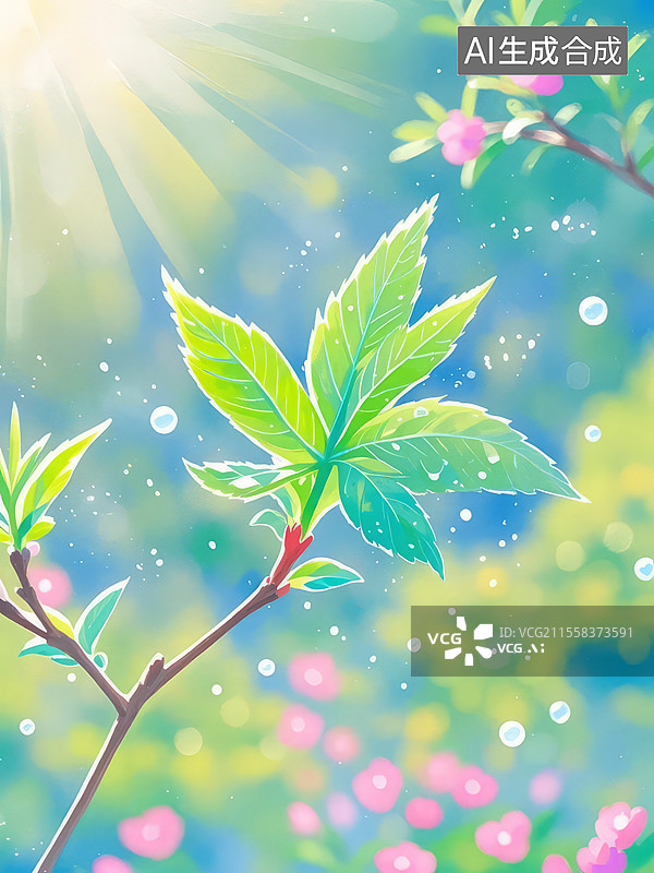 【AI数字艺术】叶子-新绿脉络手绘儿童插画——枫叶新芽翡翠叶脉自然清新治愈系图片素材
