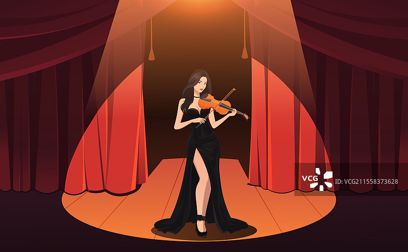 穿着优雅裙子的女人在舞台上拉小提琴图片素材