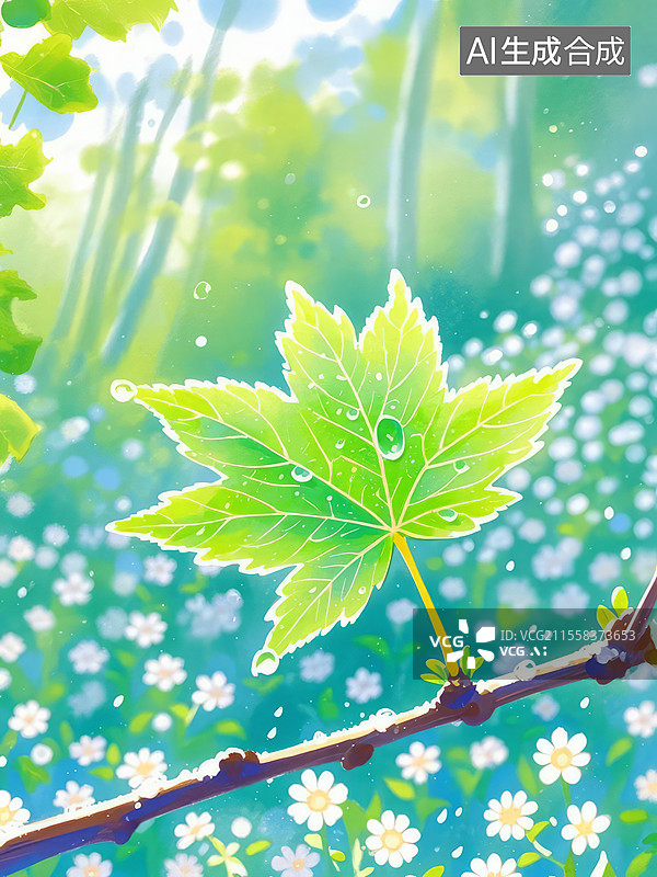 【AI数字艺术】叶子-新绿脉络手绘儿童插画——枫叶新芽翡翠叶脉自然清新治愈系图片素材