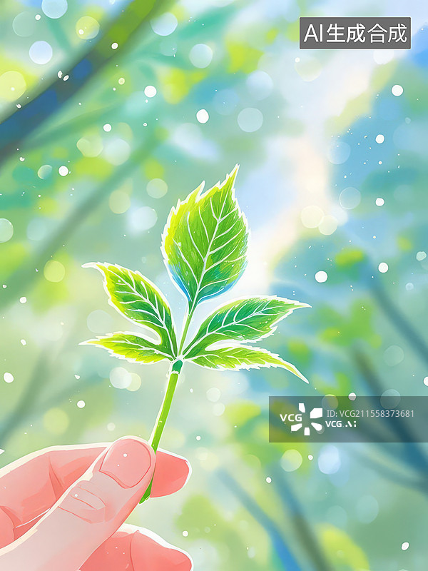 【AI数字艺术】叶子-新绿脉络手绘儿童插画——枫叶新芽翡翠叶脉自然清新治愈系图片素材