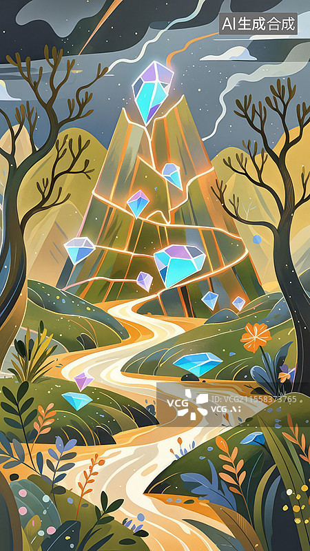 【AI数字艺术】富春山居图能量场域重构——矿石裂缝液态金属漩涡电光粒子图片素材