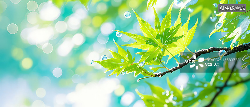 【AI数字艺术】叶子-新绿脉络手绘儿童插画——枫叶新芽翡翠叶脉自然清新治愈系图片素材