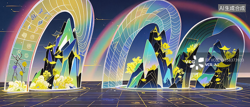 【AI数字艺术】鹊华秋色图赛博水墨重构：金属几何山体、像素植被、霓虹光污染图片素材