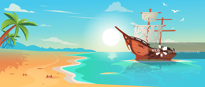 被遗弃的海盗船停靠在热带海滩上，夕阳西下。图片素材