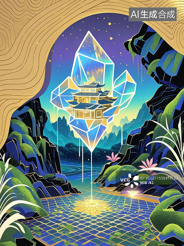 【AI数字艺术】鹊华秋色图赛博水墨重构：金属几何山体、像素植被、霓虹光污染图片素材