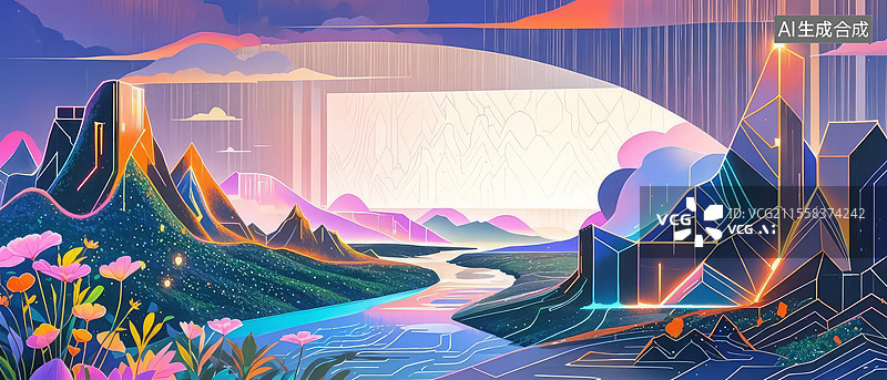 【AI数字艺术】鹊华秋色图赛博水墨重构：金属几何山体、像素植被、霓虹光污染图片素材