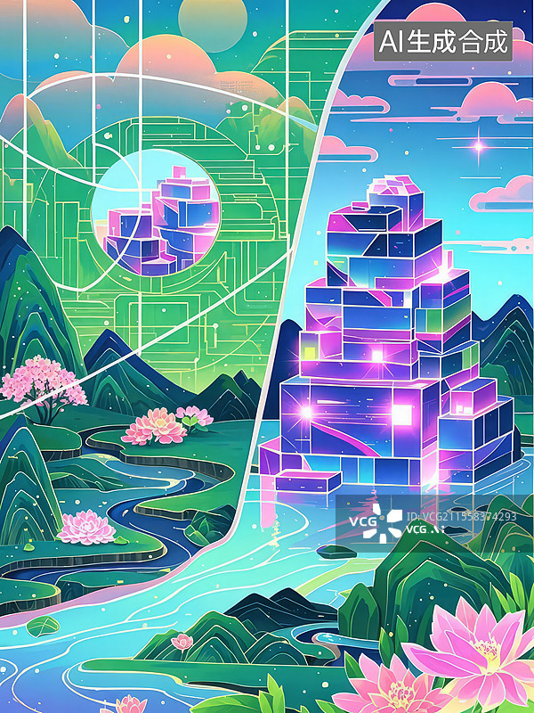 【AI数字艺术】鹊华秋色图赛博水墨重构：金属几何山体、像素植被、霓虹光污染图片素材