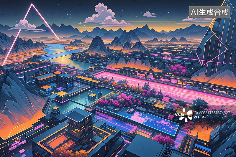 【AI数字艺术】鹊华秋色图赛博水墨重构：金属几何山体、像素植被、霓虹光污染图片素材