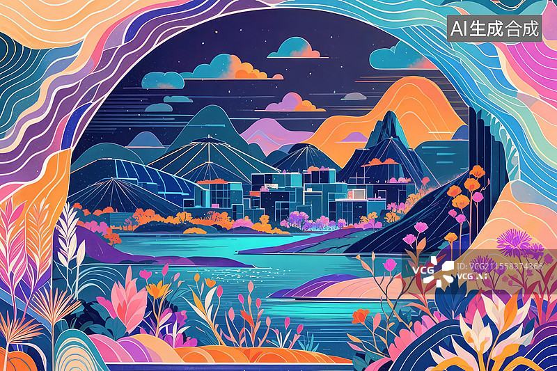 【AI数字艺术】鹊华秋色图赛博水墨重构：金属几何山体、像素植被、霓虹光污染图片素材