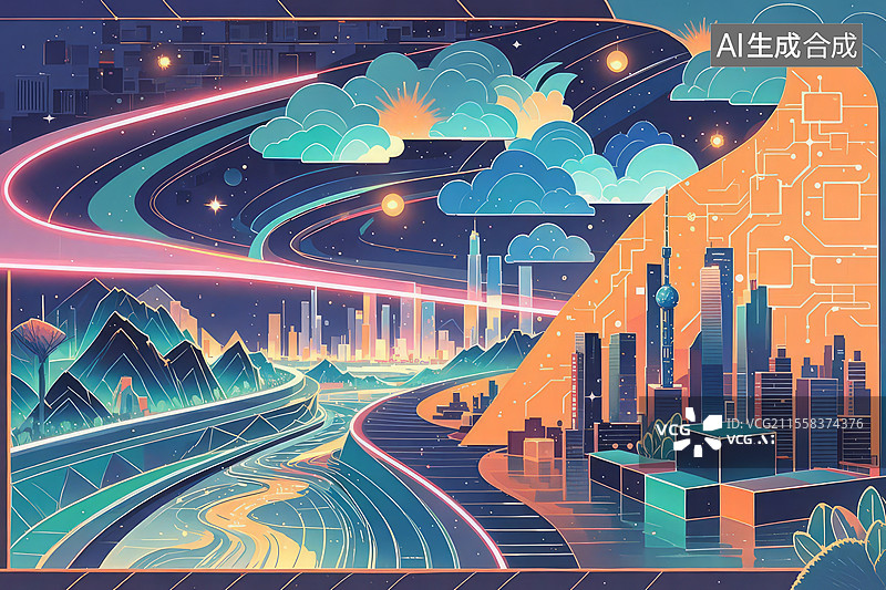 【AI数字艺术】鹊华秋色图赛博水墨重构：金属几何山体、像素植被、霓虹光污染图片素材