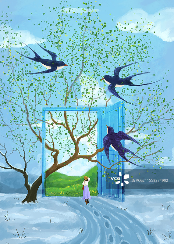走进春天门和树燕子女孩创意插画图片素材