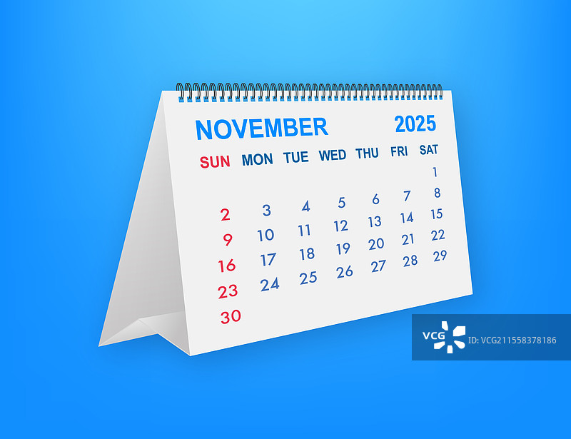 2025年11月日历，日期以蓝色显示图片素材