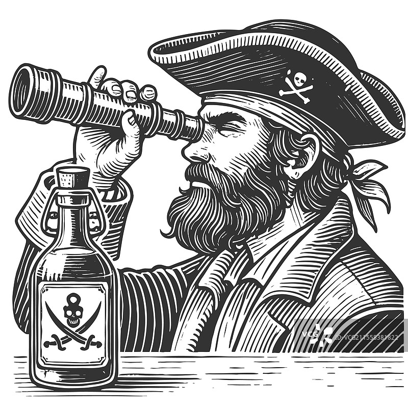 海盗通过望远镜观察的雕刻图案图片素材