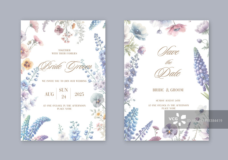 水彩野花婚礼请柬套装图片素材