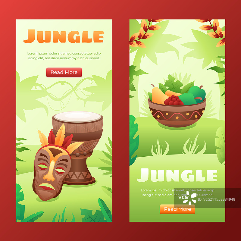 丛林主题的横幅，配有面具和水果图片素材