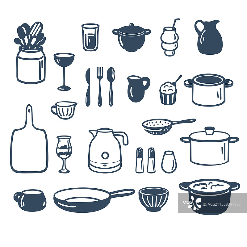 一套不同的菜肴用于烹饪黑色和图片素材