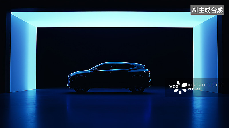 【AI数字艺术】智能汽车行驶在蓝色数据高速公路上图片素材