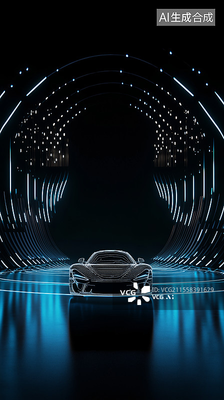 【AI数字艺术】智能汽车行驶在蓝色数据高速公路上图片素材