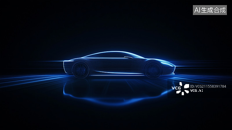 【AI数字艺术】智能汽车行驶在蓝色数据高速公路上图片素材