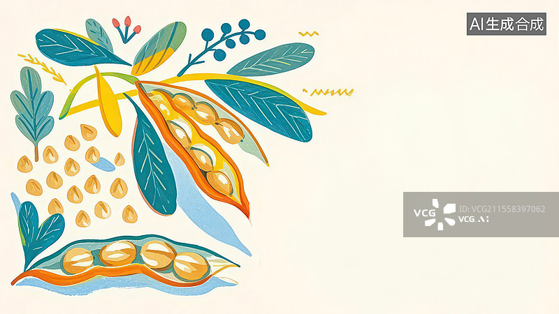 【AI数字艺术】2D卡通居左-鹰嘴豆-手绘鹰嘴豆背景模板、米黄色圆形豆类营养食材插画图片素材