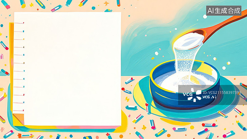 【AI数字艺术】2D卡通居右-木薯淀粉-手绘木薯淀粉粉末背景模板、纯白色细腻食材插画设计图片素材