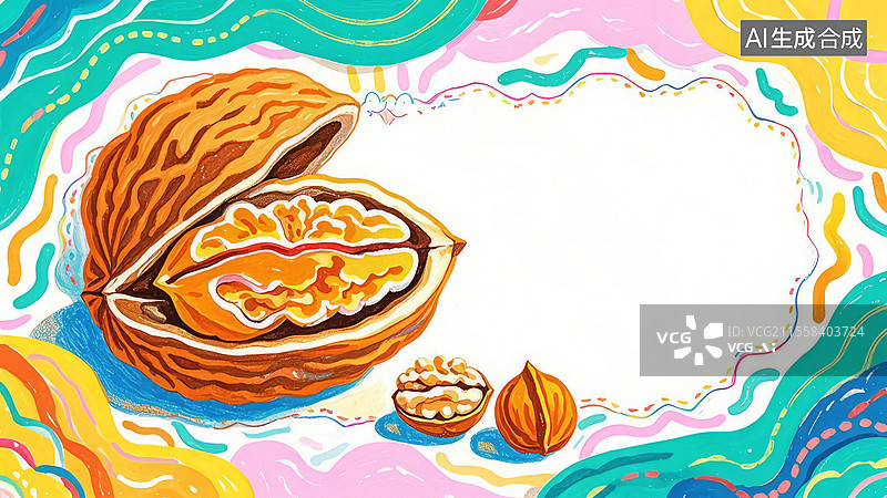 【AI数字艺术】2D卡通居左-核桃-手绘核桃坚果背景模板、脑状果仁补脑食材蜡笔插画图片素材