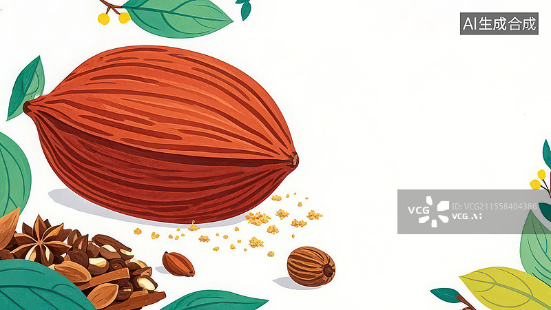 【AI数字艺术】2D卡通居左-肉豆蔻-手绘肉豆蔻香料背景模板、红褐色核果木质甜香插画图片素材