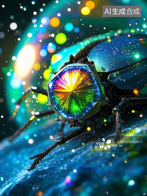 【AI数字艺术】昆虫复眼宇宙 - 六边形星系折射微观彩虹，复眼显微结构图片素材