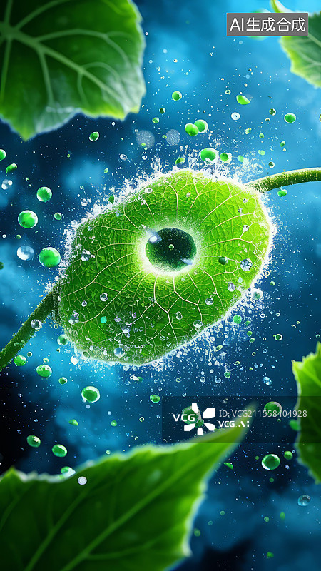 【AI数字艺术】植物气孔风暴 - 叶肉飓风二氧化碳漩涡，气孔开合瞬间，绿色气体湍流图片素材