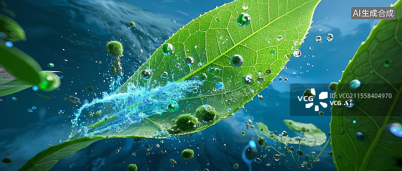 【AI数字艺术】植物气孔风暴 - 叶肉飓风二氧化碳漩涡，气孔开合瞬间，绿色气体湍流图片素材