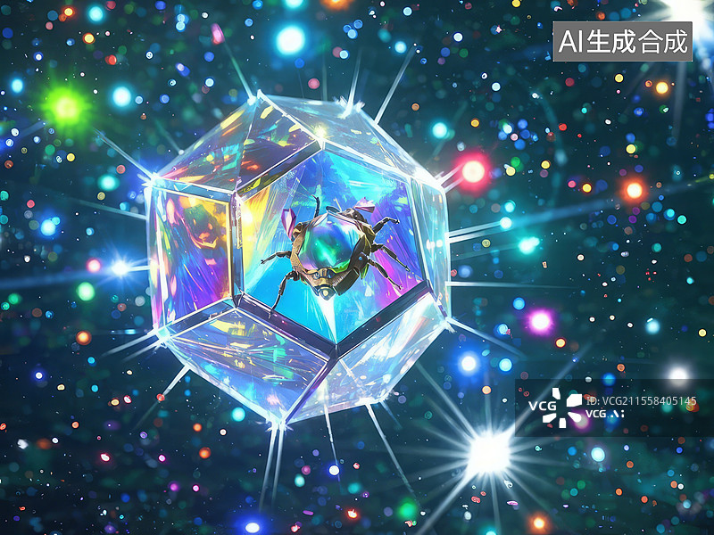 【AI数字艺术】昆虫复眼宇宙 - 六边形星系折射微观彩虹，复眼显微结构图片素材