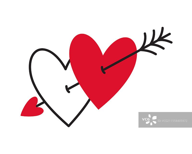 被箭刺穿的心形涂鸦，扁平风格，爱情主题图片素材