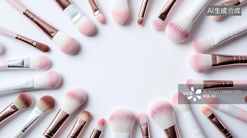 【AI数字艺术】粉色背景排列的化妆刷图片素材