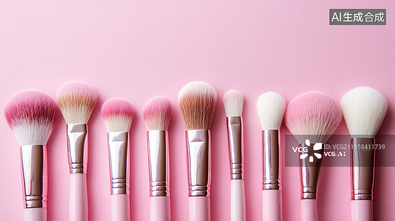 【AI数字艺术】粉色背景排列的化妆刷图片素材