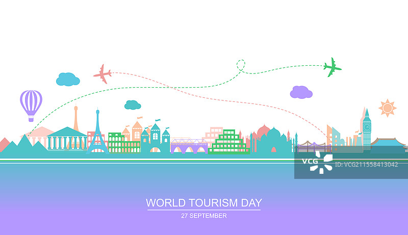世界旅游日设计与著名景点图片素材