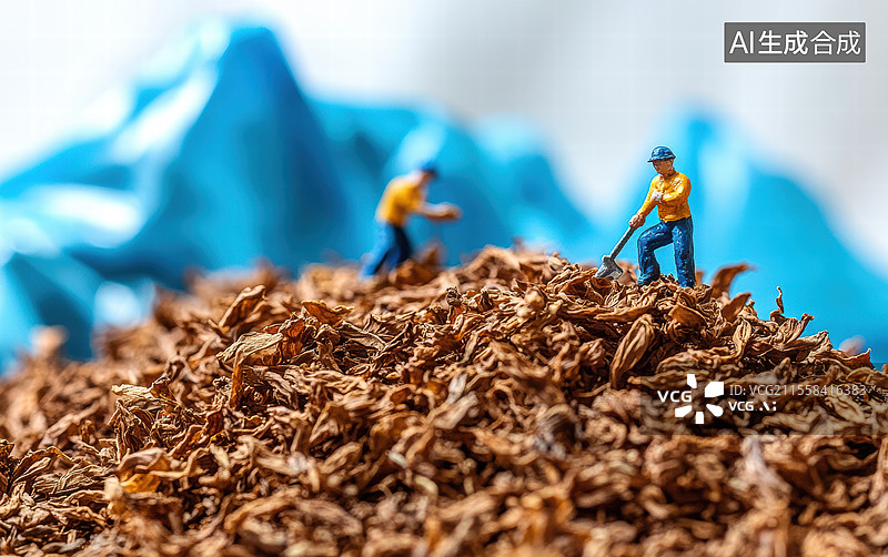 【AI数字艺术】一群小人模型，他们似乎在一堆干燥的烟草叶子上工作，周围散落着几根香烟。图片素材