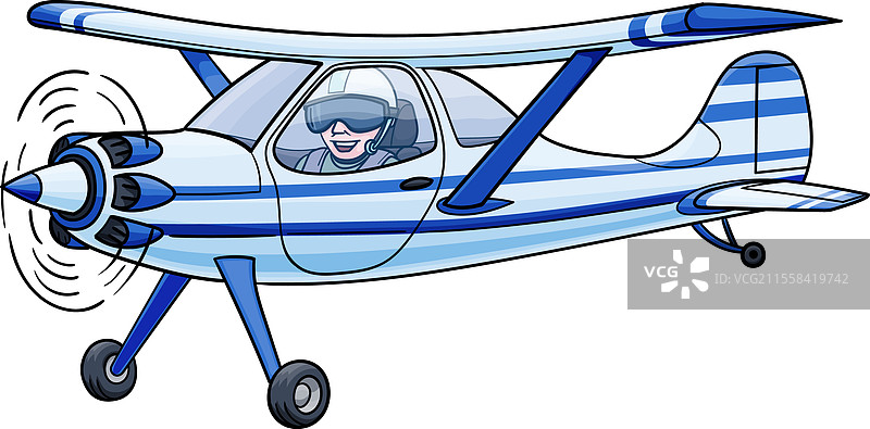 一架轻型飞机正在天空中飞行，机舱内有一名飞行员。图片素材